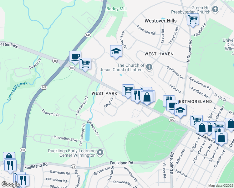 map of restaurants, bars, coffee shops, grocery stores, and more near 3916 Lancaster Pike in Wilmington