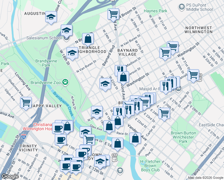 map of restaurants, bars, coffee shops, grocery stores, and more near 2108 North Jefferson Street in Wilmington