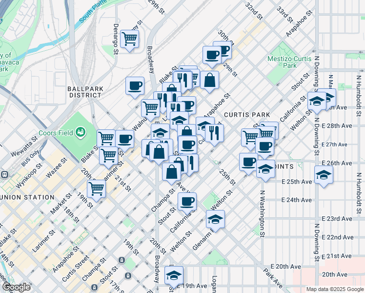 map of restaurants, bars, coffee shops, grocery stores, and more near 2409 Arapahoe Street in Denver