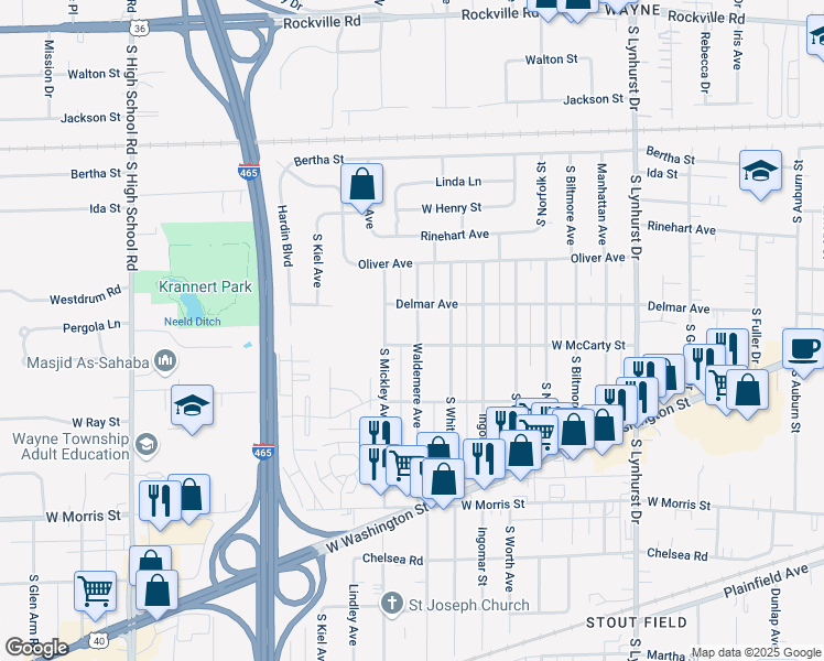 map of restaurants, bars, coffee shops, grocery stores, and more near 730 Waldemere Avenue in Indianapolis