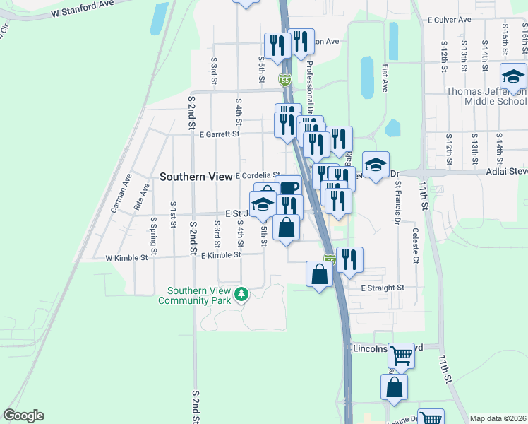 map of restaurants, bars, coffee shops, grocery stores, and more near 3300 South 5th Street in Southern View