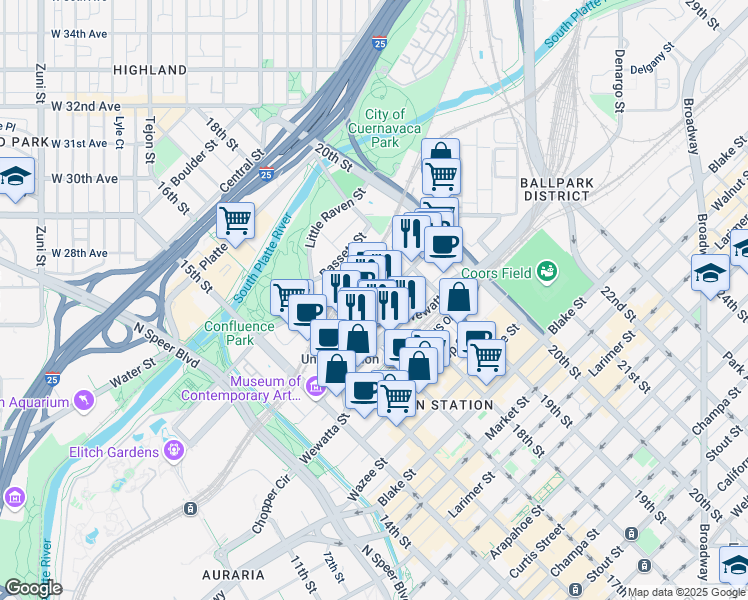 map of restaurants, bars, coffee shops, grocery stores, and more near 1777 Chestnut Place in Denver