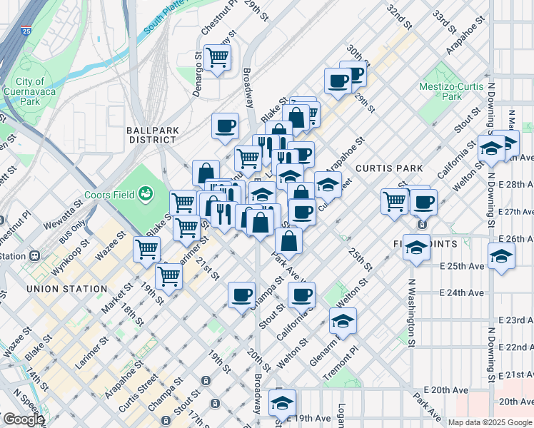 map of restaurants, bars, coffee shops, grocery stores, and more near in Denver