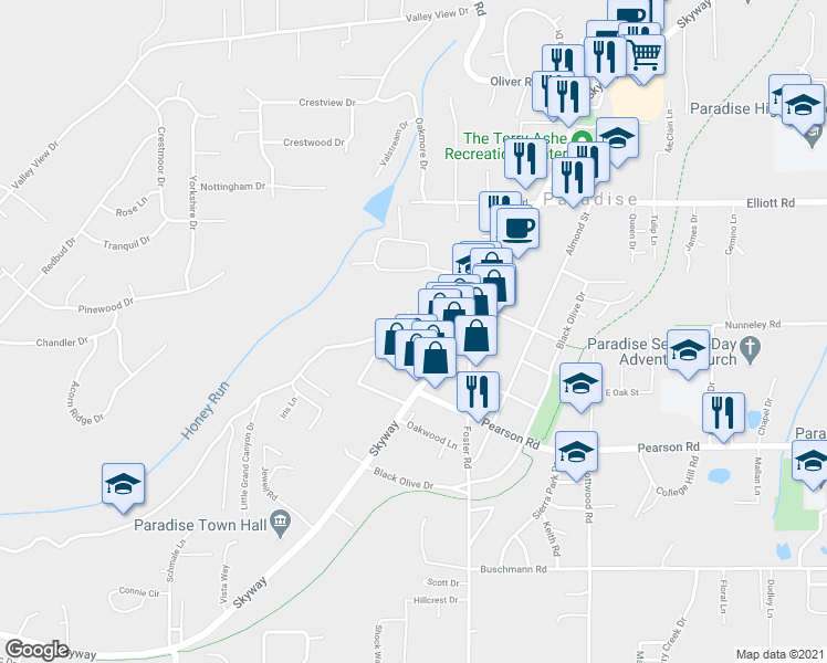 map of restaurants, bars, coffee shops, grocery stores, and more near 3845 Honey Run Road in Paradise