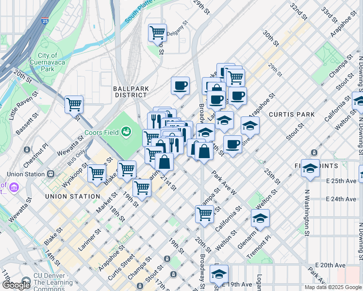 map of restaurants, bars, coffee shops, grocery stores, and more near 2257 Larimer Street in Denver