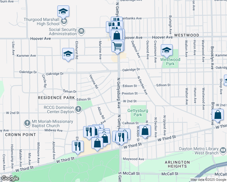 map of restaurants, bars, coffee shops, grocery stores, and more near 440 Lindenwood Road in Dayton