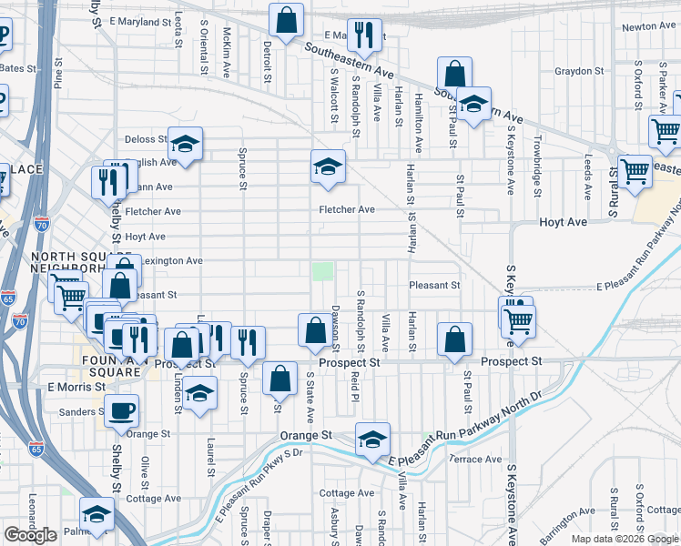 map of restaurants, bars, coffee shops, grocery stores, and more near 801 South State Avenue in Indianapolis