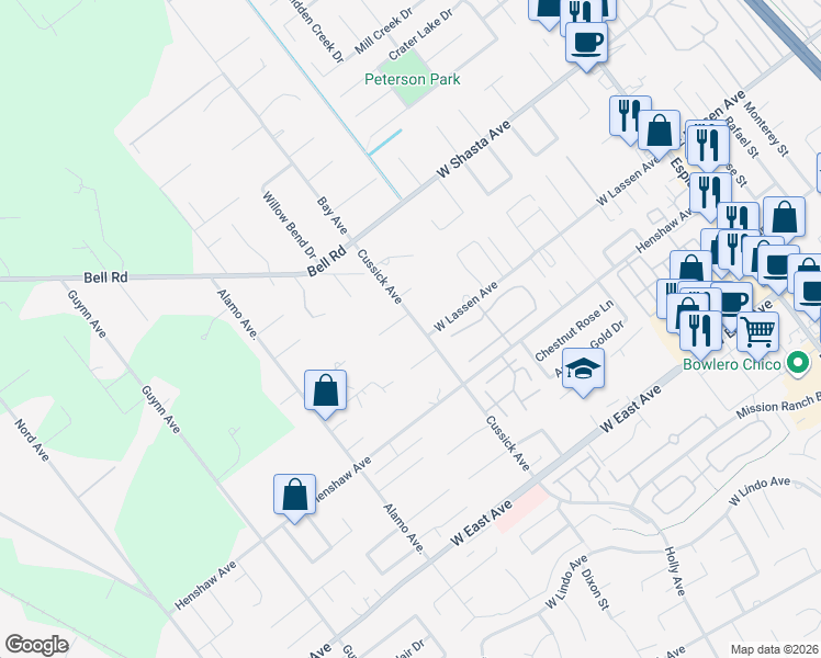 map of restaurants, bars, coffee shops, grocery stores, and more near 615 Crimson Court in Chico