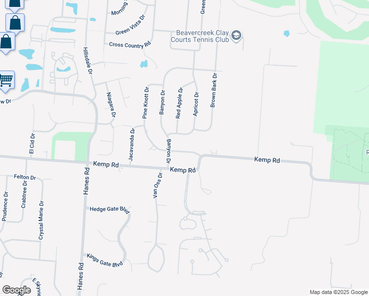 map of restaurants, bars, coffee shops, grocery stores, and more near 2208 Pineknott Drive in Dayton