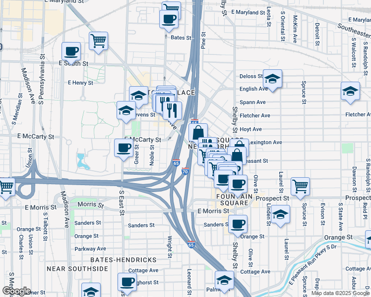 map of restaurants, bars, coffee shops, grocery stores, and more near 800 Virginia Avenue in Indianapolis