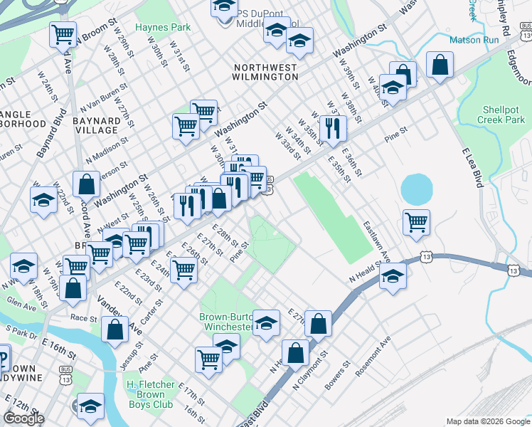 map of restaurants, bars, coffee shops, grocery stores, and more near 17 East 30th Street in Wilmington