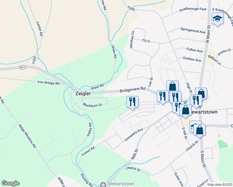 map of restaurants, bars, coffee shops, grocery stores, and more near 4452 Bridgeview Rd in Stewartstown