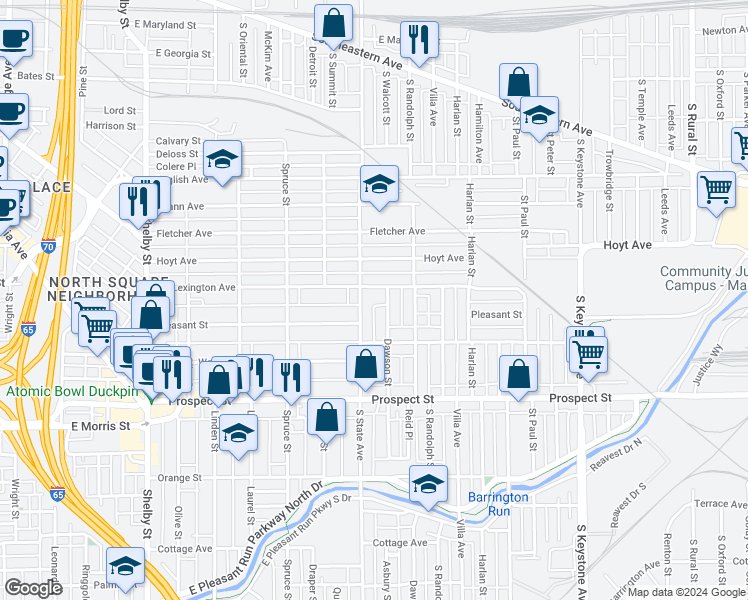 map of restaurants, bars, coffee shops, grocery stores, and more near 801 South State Avenue in Indianapolis