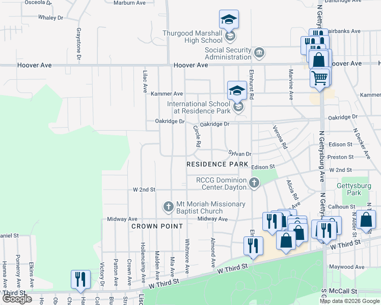 map of restaurants, bars, coffee shops, grocery stores, and more near 601 Circle Road in Dayton