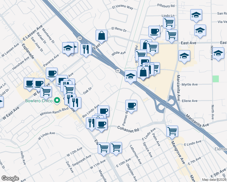 map of restaurants, bars, coffee shops, grocery stores, and more near 390 Rio Lindo Avenue in Chico