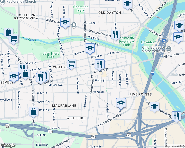 map of restaurants, bars, coffee shops, grocery stores, and more near 1158 West Third Street in Dayton