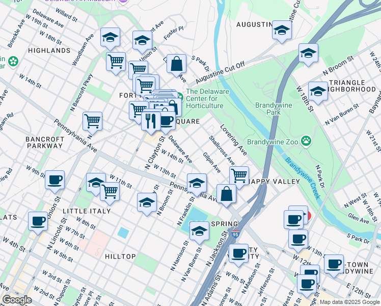 map of restaurants, bars, coffee shops, grocery stores, and more near 1407 Delaware Avenue in Wilmington