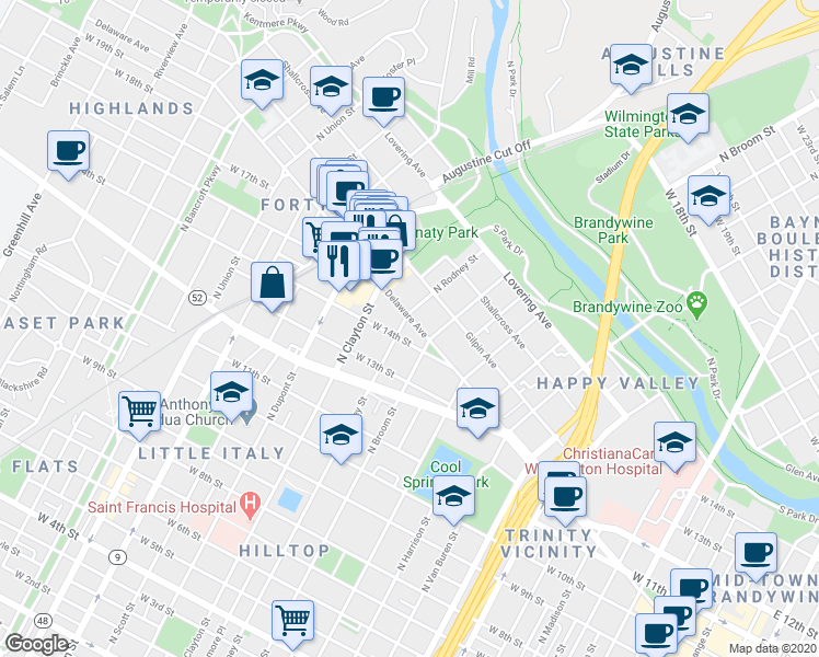 map of restaurants, bars, coffee shops, grocery stores, and more near 1410 Delaware Avenue in Wilmington