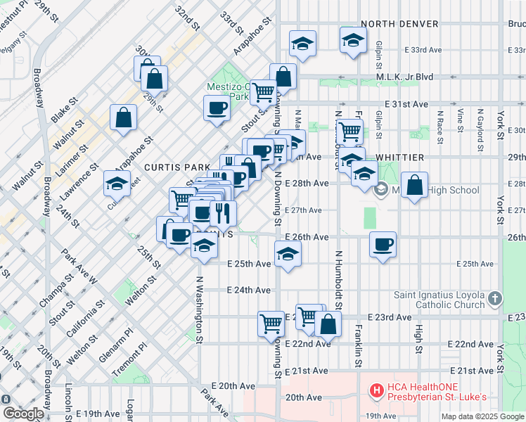 map of restaurants, bars, coffee shops, grocery stores, and more near in Denver