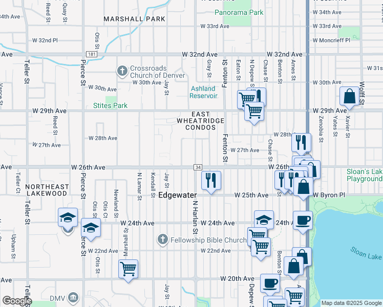 map of restaurants, bars, coffee shops, grocery stores, and more near 2711 North Harlan Street in Wheat Ridge