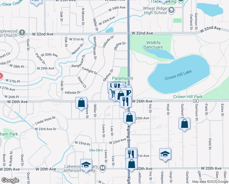 map of restaurants, bars, coffee shops, grocery stores, and more near 2684 Paramount Parkway in Lakewood
