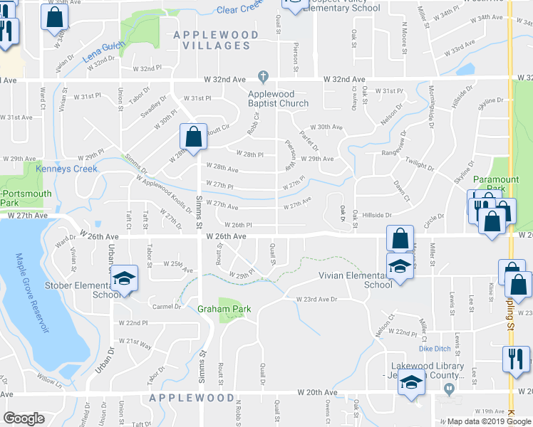 map of restaurants, bars, coffee shops, grocery stores, and more near 11259 West 27th Avenue in Lakewood