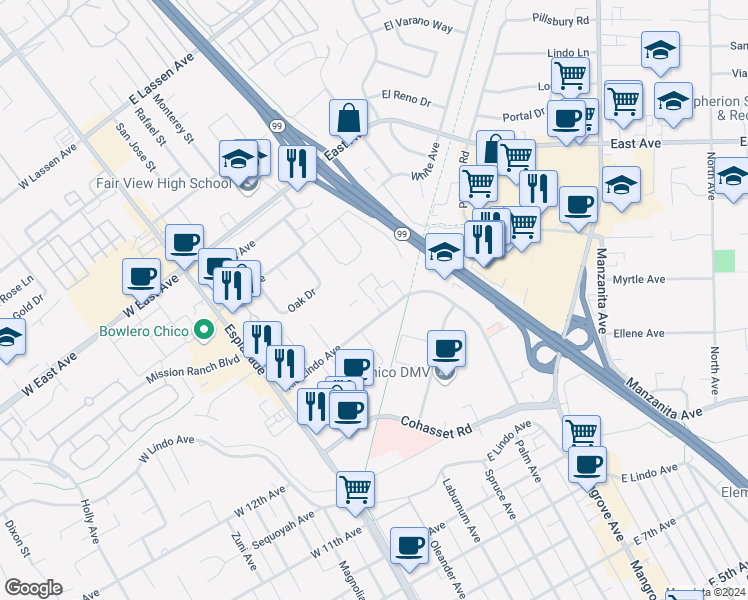map of restaurants, bars, coffee shops, grocery stores, and more near 390 Rio Lindo Avenue in Chico