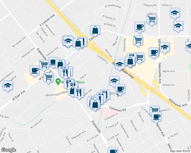 map of restaurants, bars, coffee shops, grocery stores, and more near 390 Rio Lindo Avenue in Chico