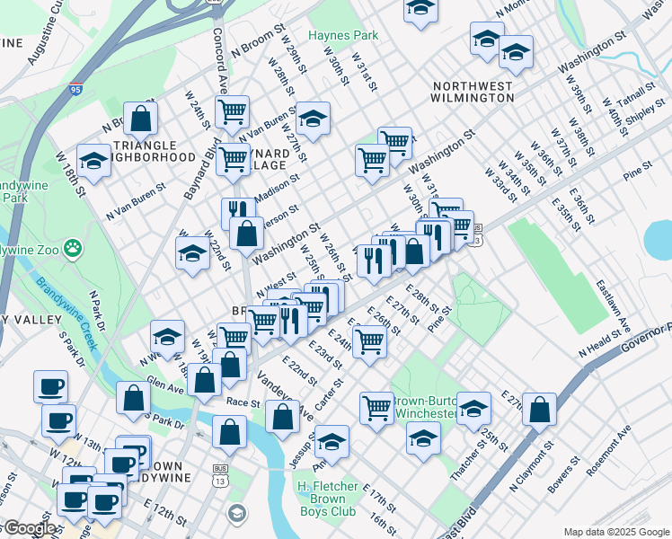 map of restaurants, bars, coffee shops, grocery stores, and more near 117 West 26th Street in Wilmington