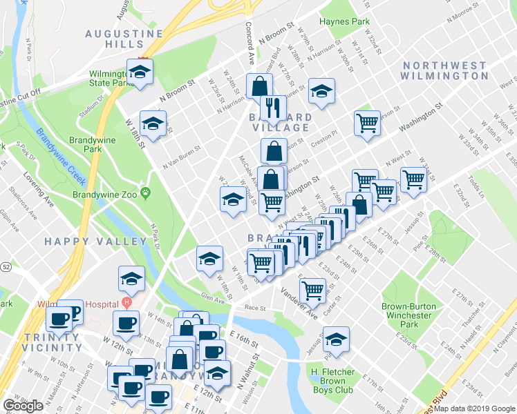 map of restaurants, bars, coffee shops, grocery stores, and more near 300A Delaware 202 in Wilmington