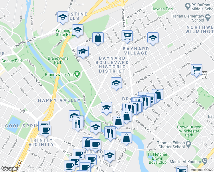 map of restaurants, bars, coffee shops, grocery stores, and more near 2009 North Jefferson Street in Wilmington
