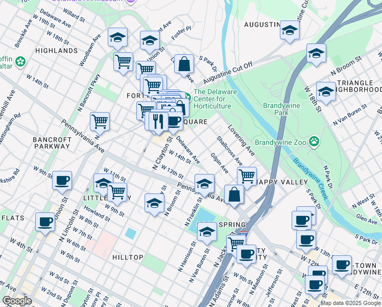 map of restaurants, bars, coffee shops, grocery stores, and more near 1407 Delaware Avenue in Wilmington