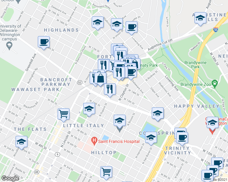 map of restaurants, bars, coffee shops, grocery stores, and more near 1313 North Dupont Street in Wilmington