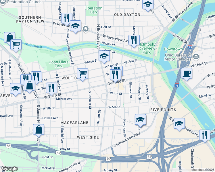map of restaurants, bars, coffee shops, grocery stores, and more near 1158 West Third Street in Dayton