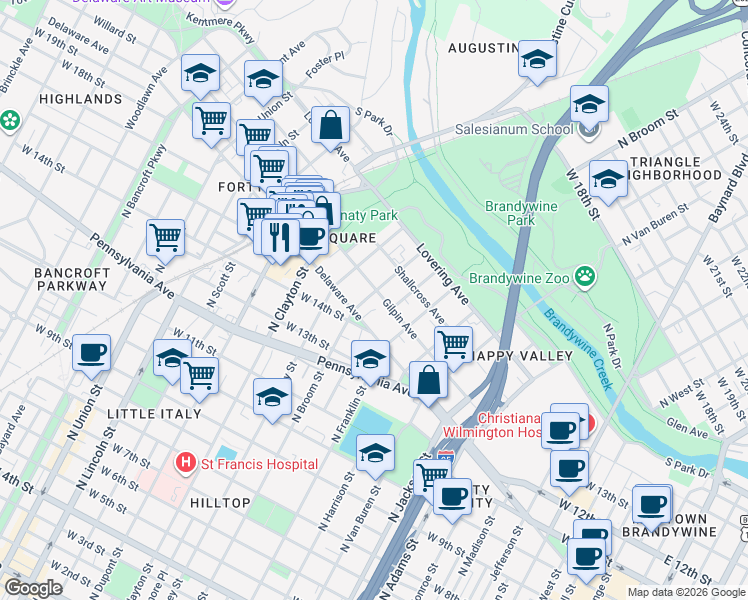 map of restaurants, bars, coffee shops, grocery stores, and more near 1604 North Broom Street in Wilmington