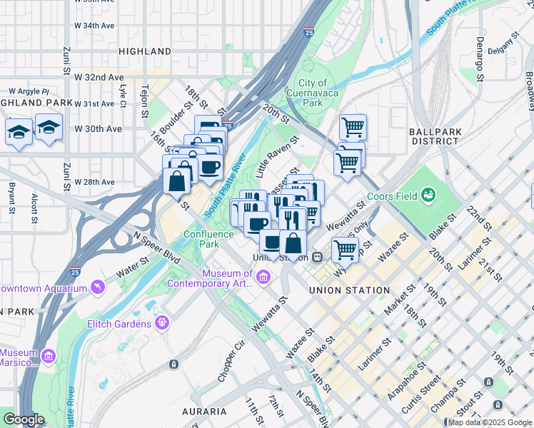 map of restaurants, bars, coffee shops, grocery stores, and more near 1620 Little Raven Street in Denver