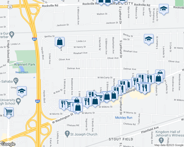 map of restaurants, bars, coffee shops, grocery stores, and more near 724 South Worth Avenue in Indianapolis