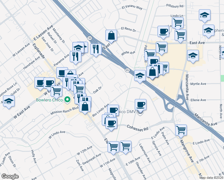 map of restaurants, bars, coffee shops, grocery stores, and more near 354 Rio Lindo Avenue in Chico