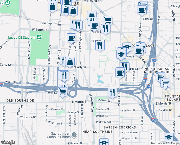 map of restaurants, bars, coffee shops, grocery stores, and more near 893 Delaware Street in Indianapolis