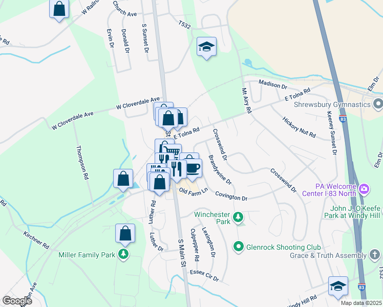 map of restaurants, bars, coffee shops, grocery stores, and more near 20 Covington Drive in Shrewsbury