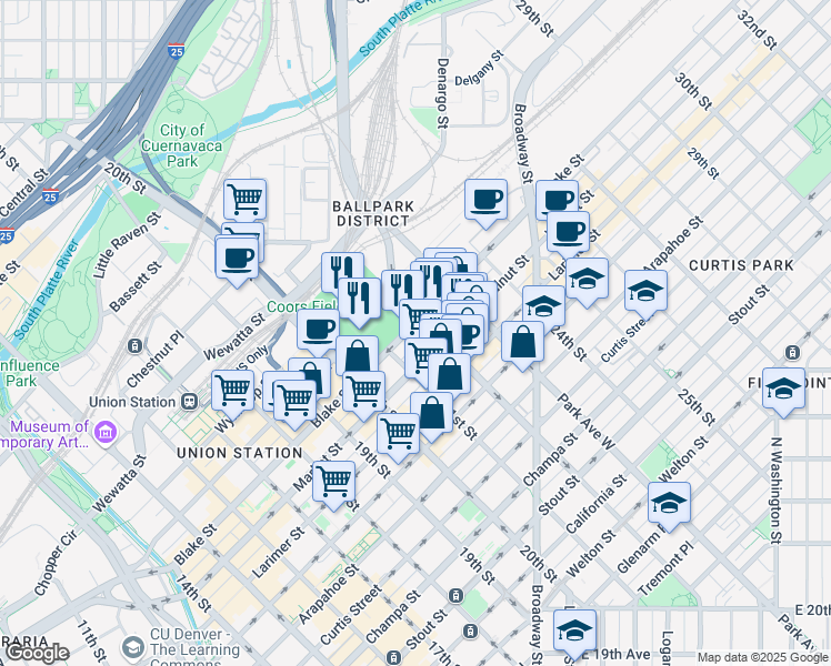 map of restaurants, bars, coffee shops, grocery stores, and more near 2120 Blake Street in Denver