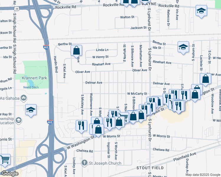 map of restaurants, bars, coffee shops, grocery stores, and more near 723 Ingomar Street in Indianapolis
