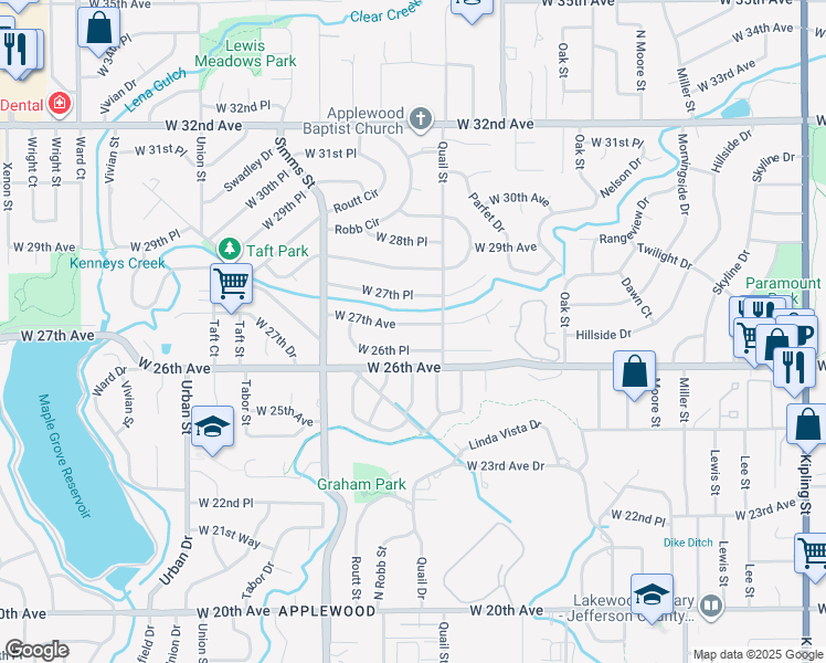 map of restaurants, bars, coffee shops, grocery stores, and more near 11259 West 27th Avenue in Lakewood