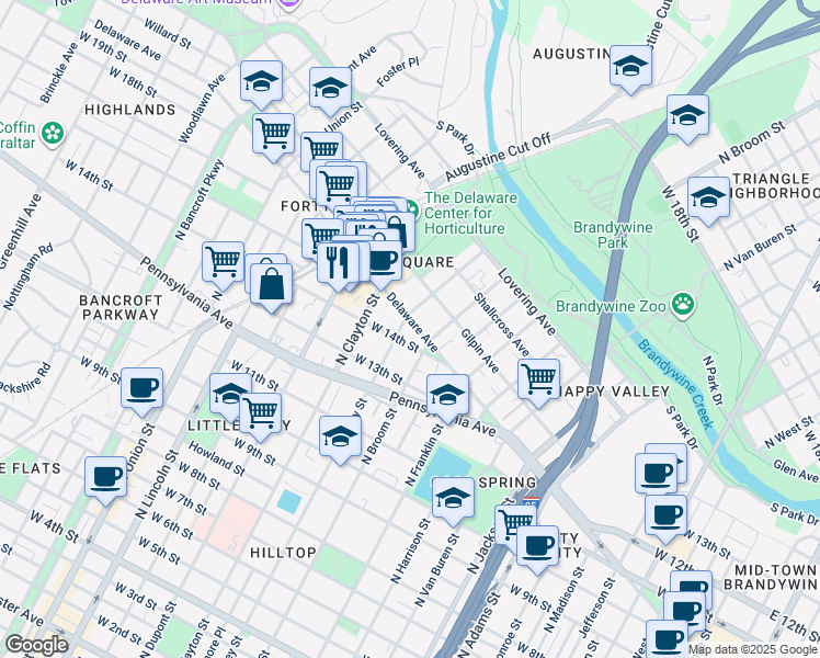 map of restaurants, bars, coffee shops, grocery stores, and more near 1410 Delaware Avenue in Wilmington