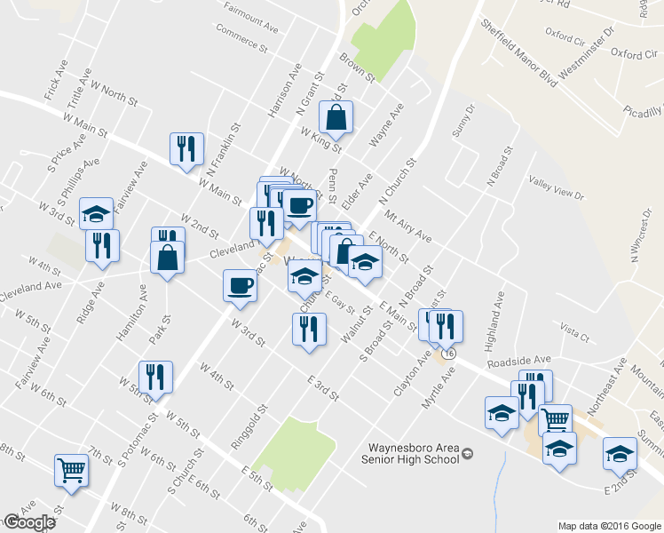 map of restaurants, bars, coffee shops, grocery stores, and more near 4 W Main St in Waynesboro