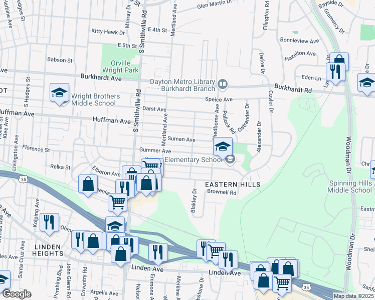 map of restaurants, bars, coffee shops, grocery stores, and more near 1765 Gummer Avenue in Dayton