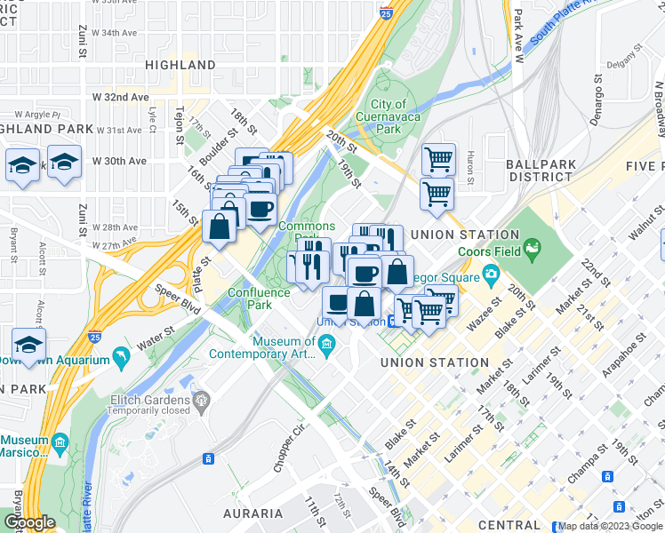 map of restaurants, bars, coffee shops, grocery stores, and more near in Denver