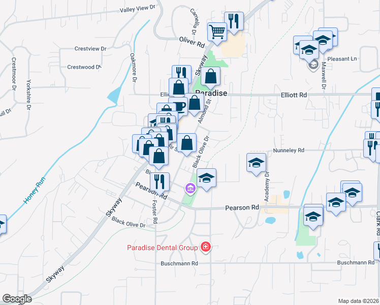 map of restaurants, bars, coffee shops, grocery stores, and more near 5758 Almond Street in Paradise