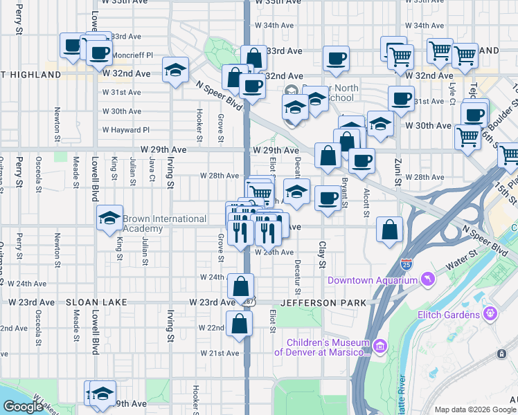 map of restaurants, bars, coffee shops, grocery stores, and more near 2998 W 27th Ave in Denver