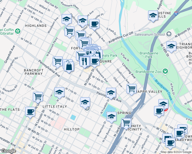 map of restaurants, bars, coffee shops, grocery stores, and more near 1505 West 14th Street in Wilmington